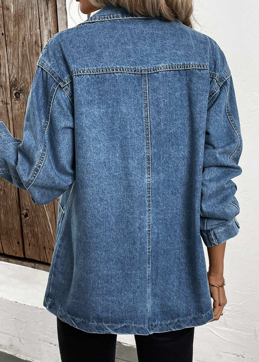 Sofia™ | Denim Blue Patchwork Långärmad Lapel Coat