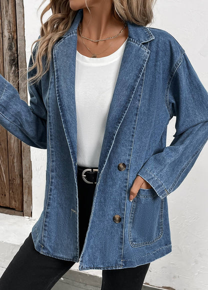 Sofia™ | Denim Blue Patchwork Långärmad Lapel Coat