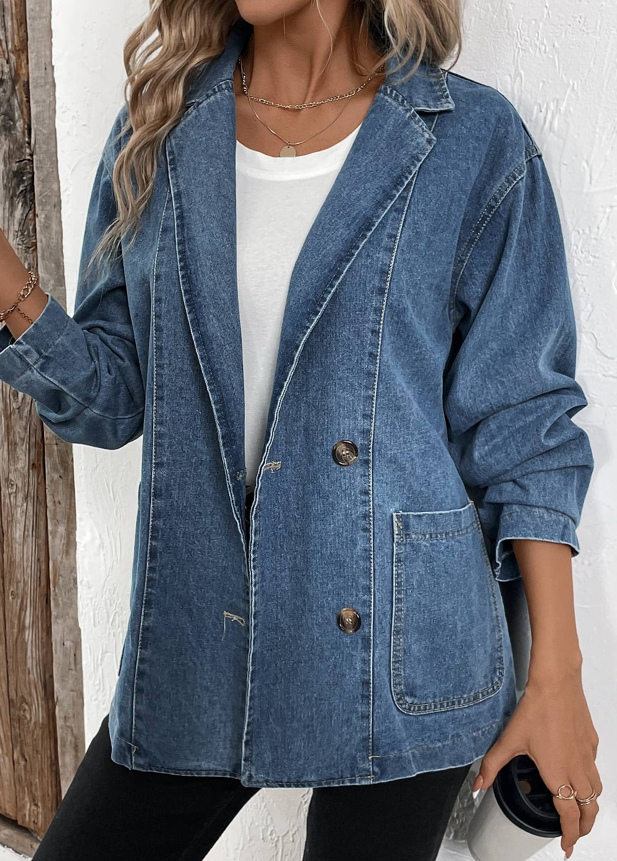 Sofia™ | Denim Blue Patchwork Långärmad Lapel Coat