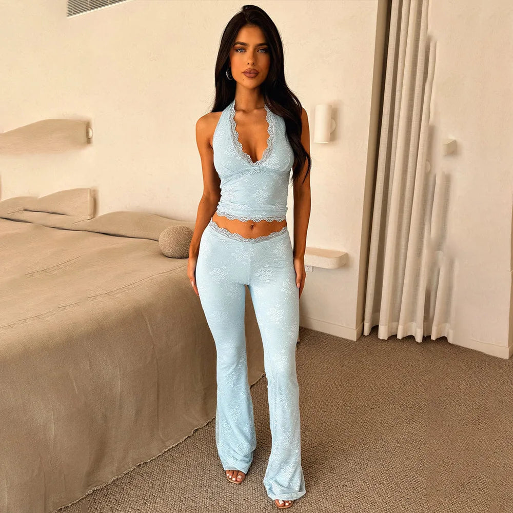 Spets Crop Top och Flare Pants Set