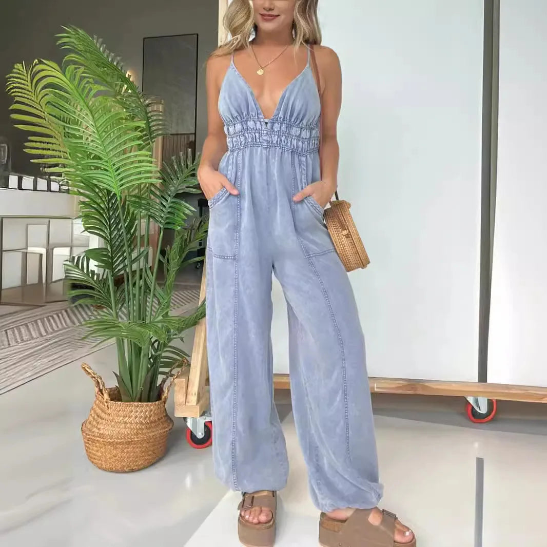 Emma™ | Trendig Lättvikts Denim V-hals Jumpsuit