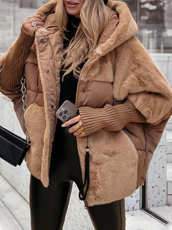 Ella™ | Hooded Fur Patchwork Vinterkappa med Stil och Komfort